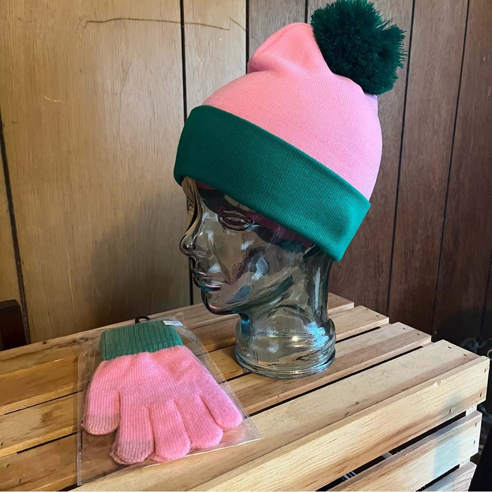 AKA Knit Cap w/ Green Pom Pom & Matching Gloves
